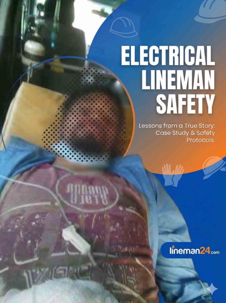 Feature photo for a blog post about electrical lineman safety, showing a man on a stretcher with a blurred face, likely an accident victim, inside an ambulance. Text overlays read "ELECTRICAL LINEMAN SAFETY" and "Lessons from a True Story: Case Study & Safety Protocols." The logo "lineman24.com" and safety icons like hard hats and gloves are also visible against a blue and orange background