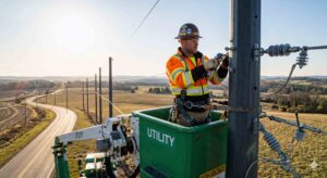 American lineman in a bucket truck working on a sleek grey composite utility pole under a bright sky
