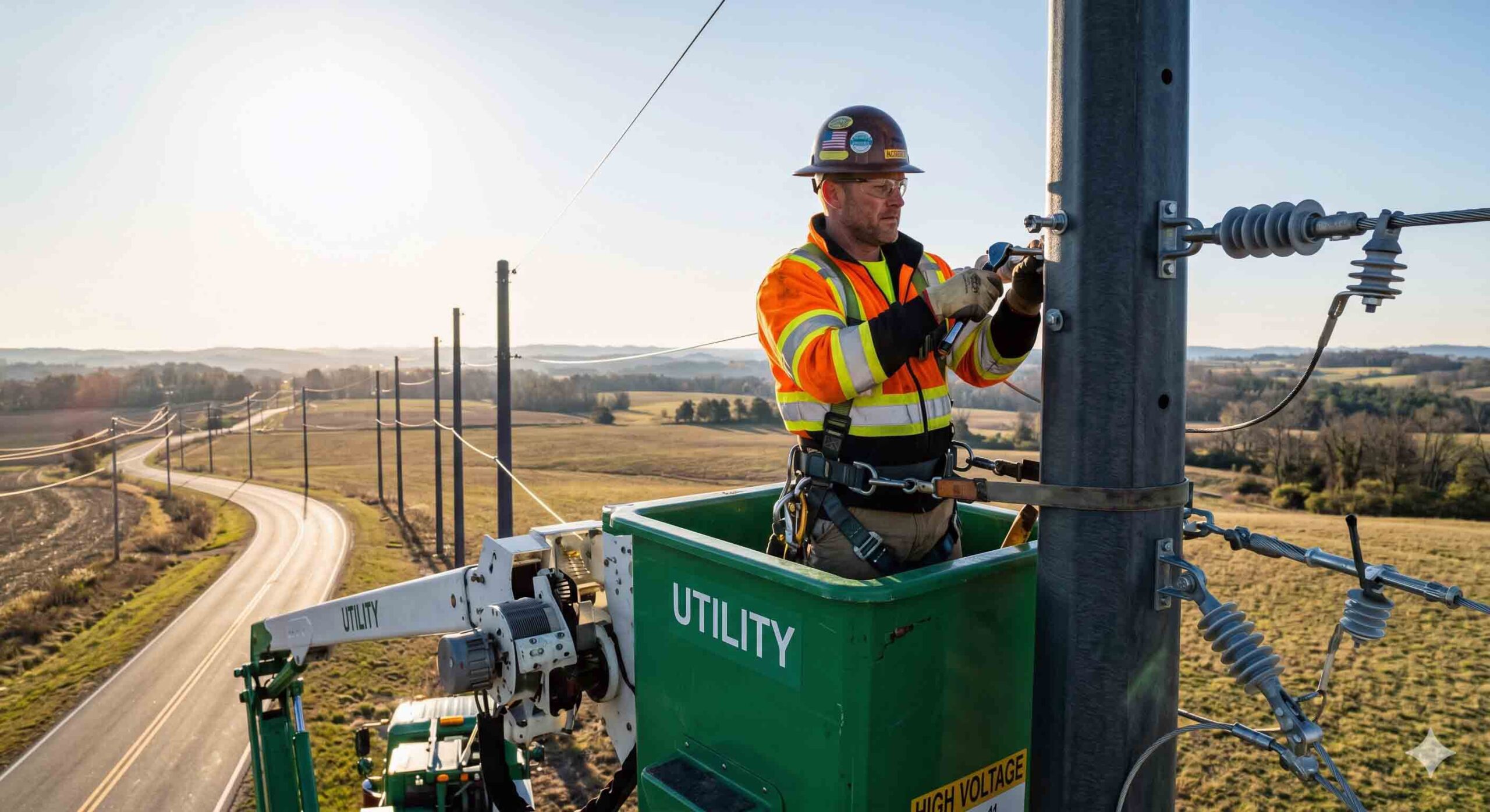 American lineman in a bucket truck working on a sleek grey composite utility pole under a bright sky