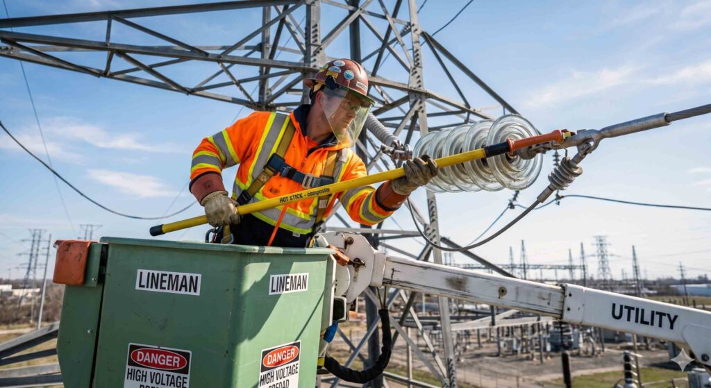 American lineman in a bucket truck using a yellow composite hot stick on a high-voltage power line