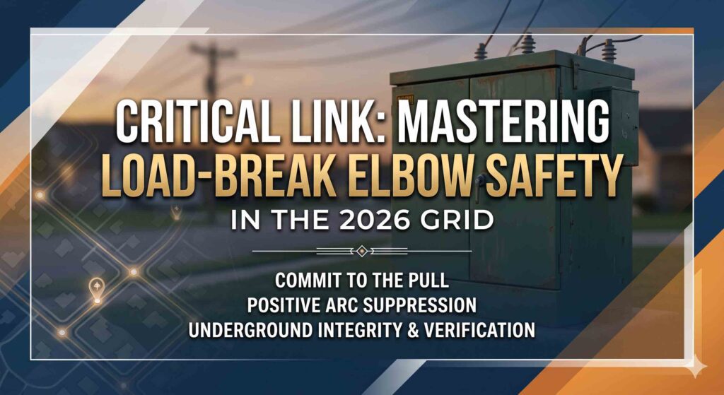 American lineman using a hot stick to pull a load-break elbow on a pad-mounted transformer