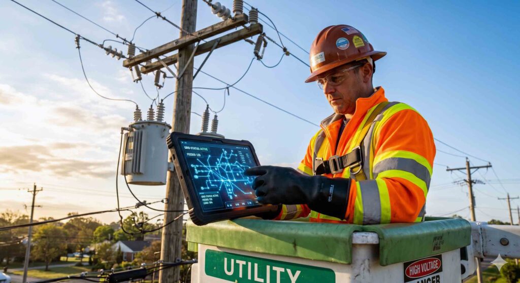 The Edge of Innovation: A lineman utilizes wearable induction sensors and a digital tablet to secure a 2026 smart grid.