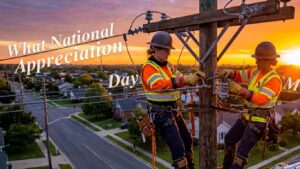 Two American linemen working on a utility pole during sunrise, symbolizing National Lineworker Appreciation Day 2026
