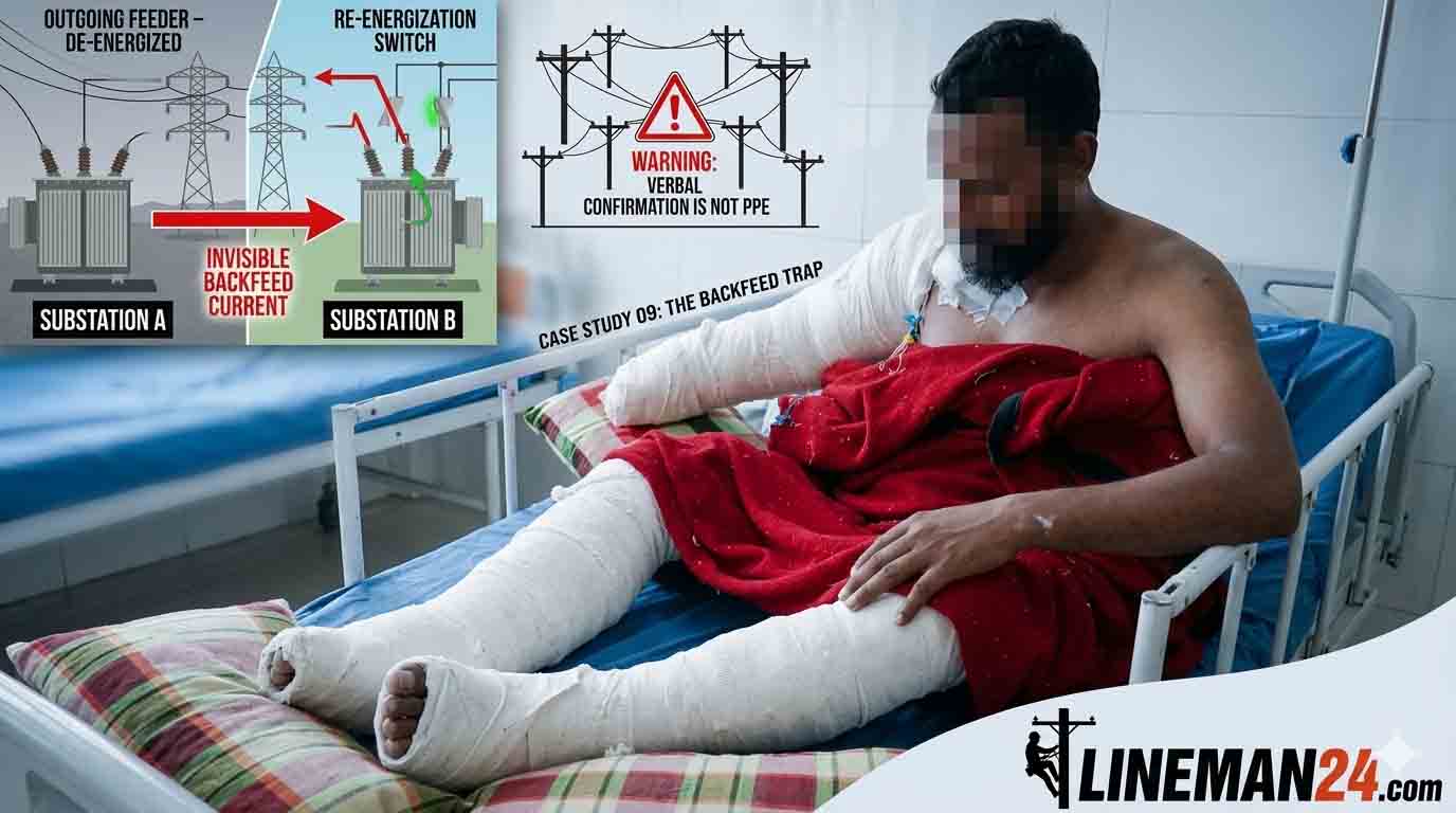 Diagram showing backfeed current hazard between two sub-stations with a warning for linemen.