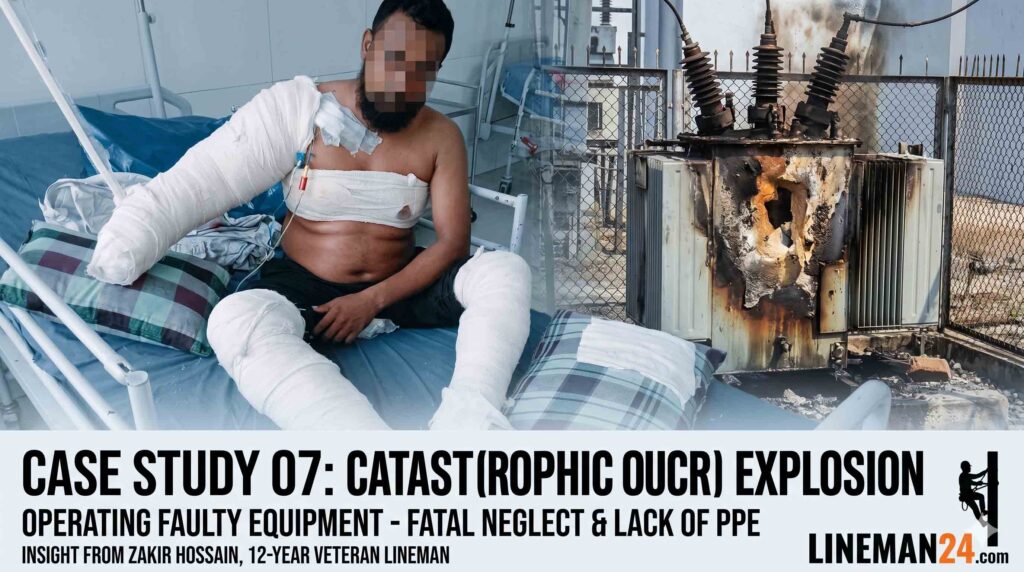 A badly injured lineman in a hospital bed beside a burnt OCR transformer, illustrating the consequences of an electrical explosion.