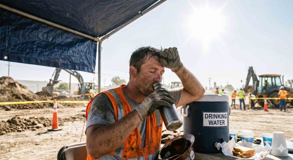 American lineman in lightweight FR gear drinking water in a shaded cooling station with a utility truck in the background