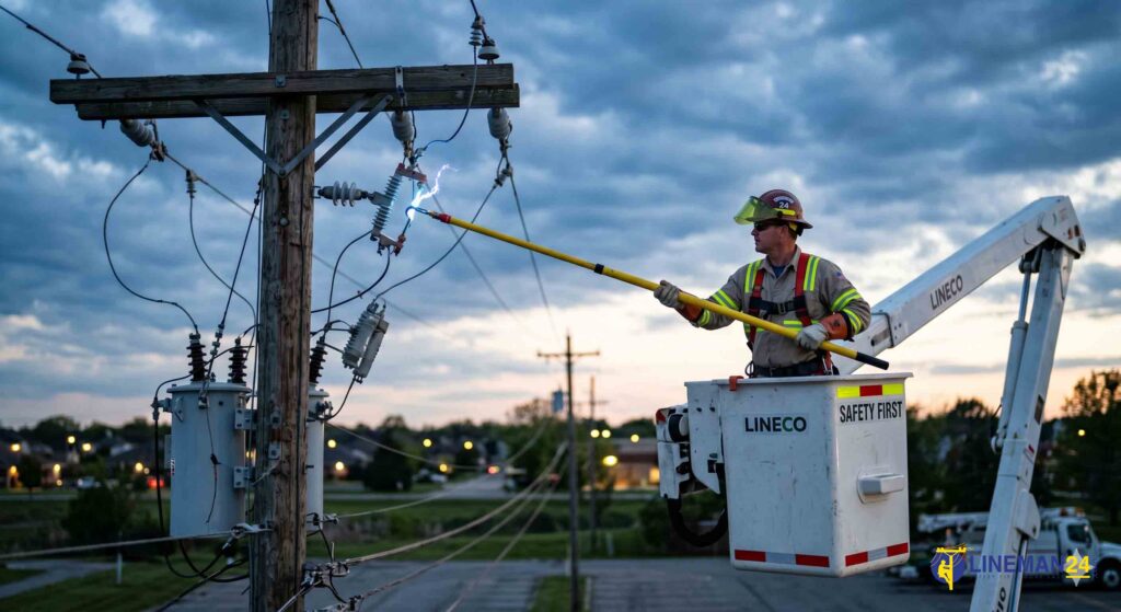 Lineman using fiberglass hot stick to operate high voltage cutout switch.