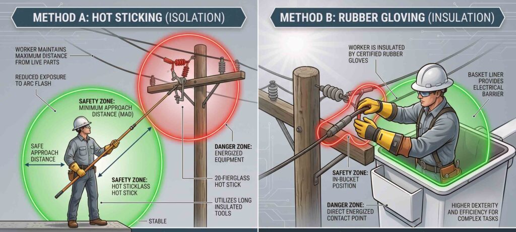 Infographic comparing Hot Sticking and Rubber Gloving safety methods in utility work.