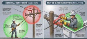 Infographic comparing Hot Sticking and Rubber Gloving safety methods in utility work.