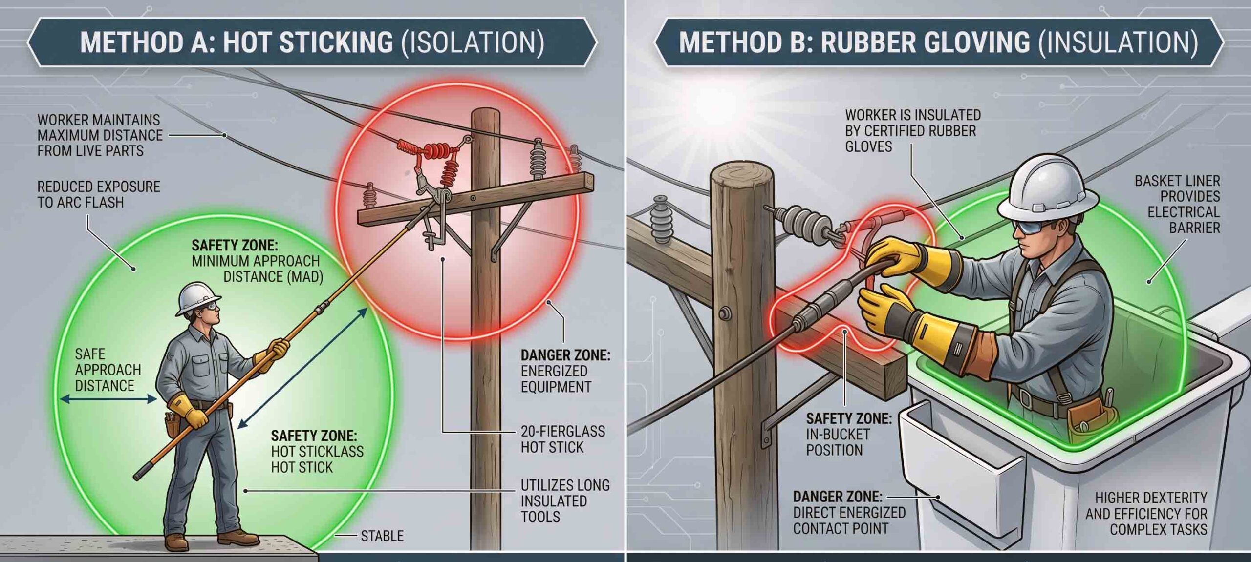 Infographic comparing Hot Sticking and Rubber Gloving safety methods in utility work.