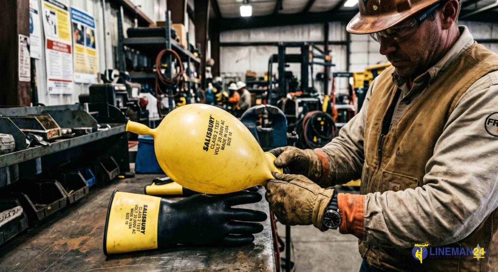 Close-up of lineman air testing Class 2 rubber voltage gloves for pinholes